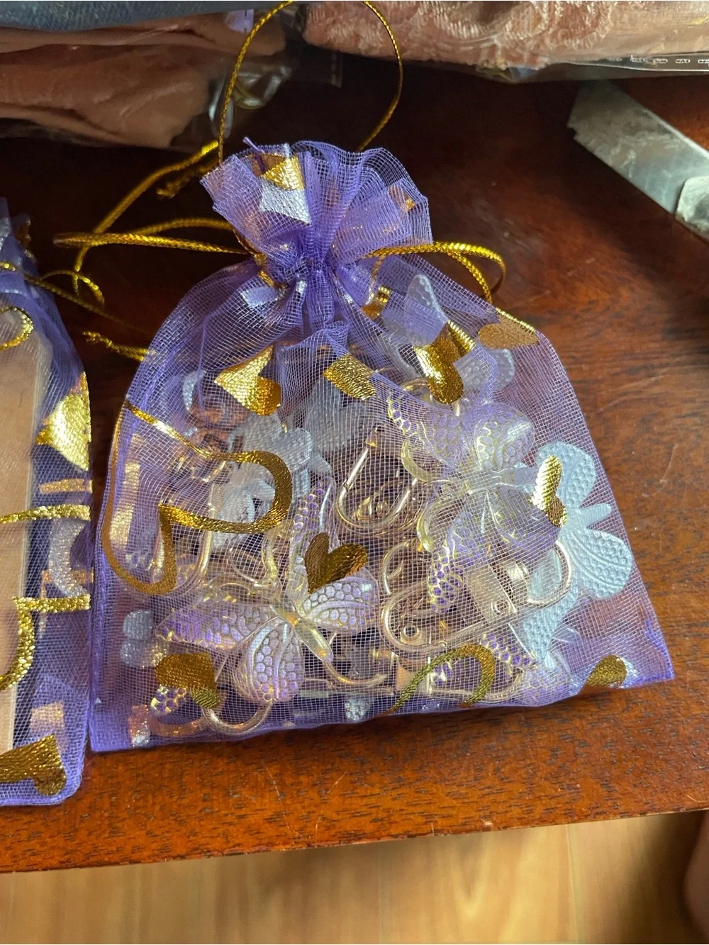 Purple Organza Favor Bags with Gold Heart Print - Party Supplies